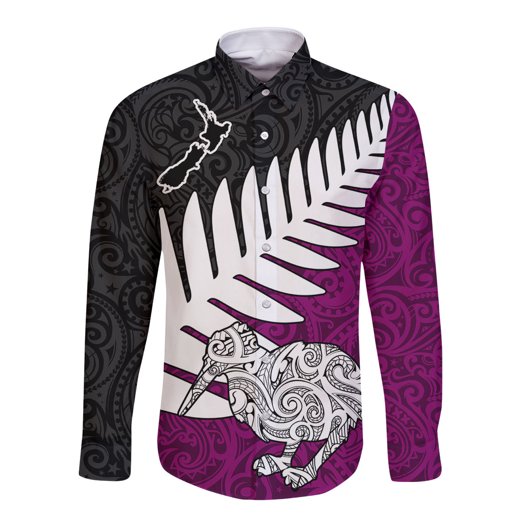 Aotearoa New Zealand Long Sleeve Button Shirt Silver Fern Kiwi Bird and NZ Map with Maori Tribal Pink Style LT03 Unisex Red - Polynesian Pride