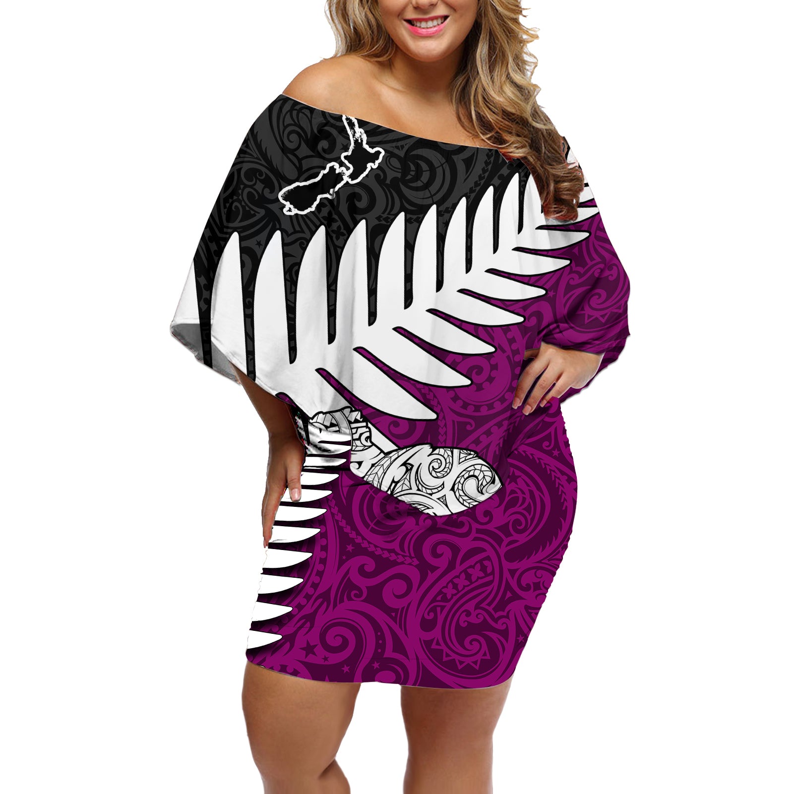 Aotearoa New Zealand Off Shoulder Short Dress Silver Fern Kiwi Bird and NZ Map with Maori Tribal Pink Style LT03 Women Red - Polynesian Pride