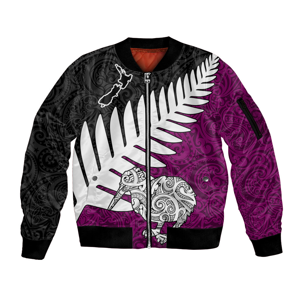 Aotearoa New Zealand Sleeve Zip Bomber Jacket Silver Fern Kiwi Bird and NZ Map with Maori Tribal Pink Style LT03 Unisex Red - Polynesian Pride