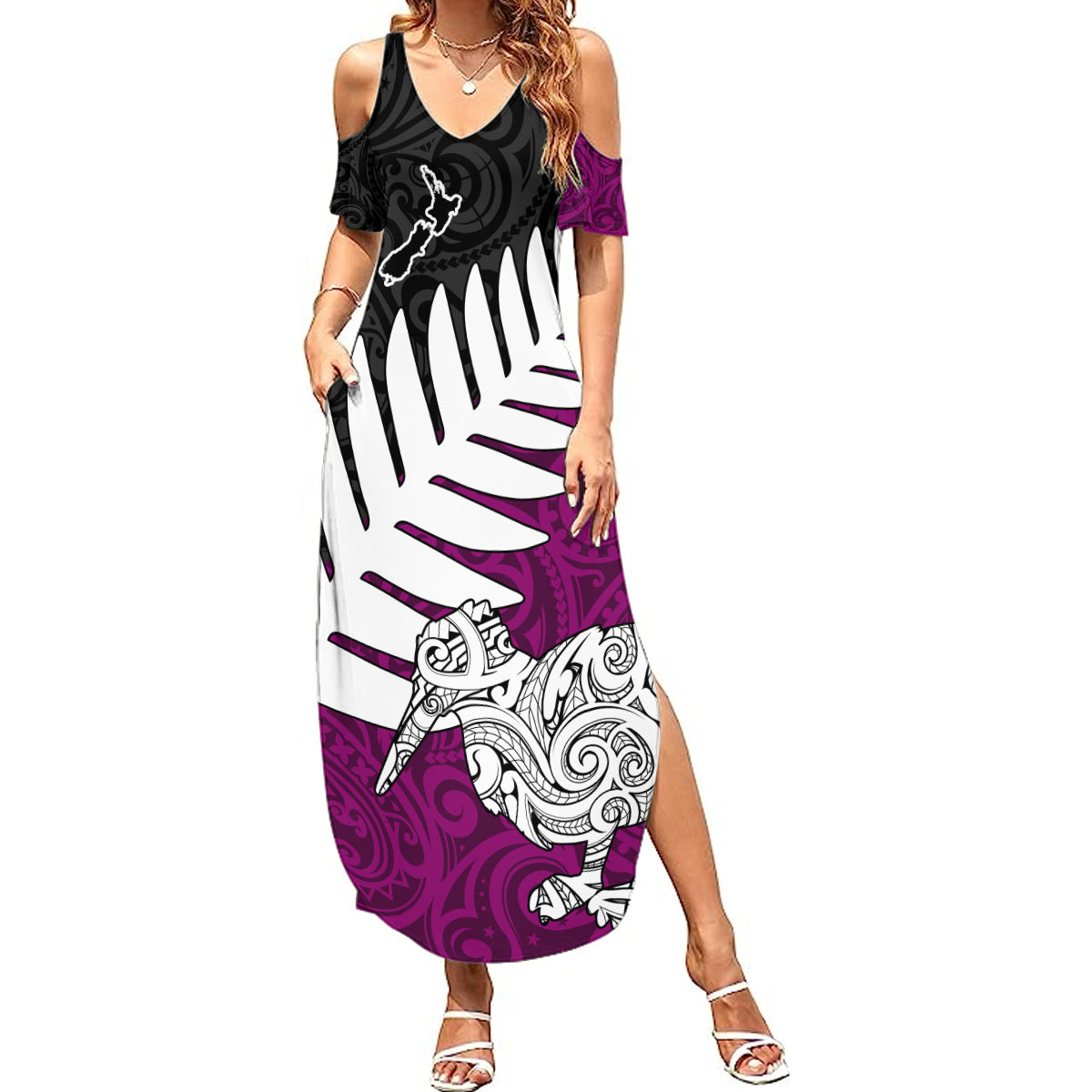 Aotearoa New Zealand Summer Maxi Dress Silver Fern Kiwi Bird and NZ Map with Maori Tribal Pink Style LT03 Women Red - Polynesian Pride