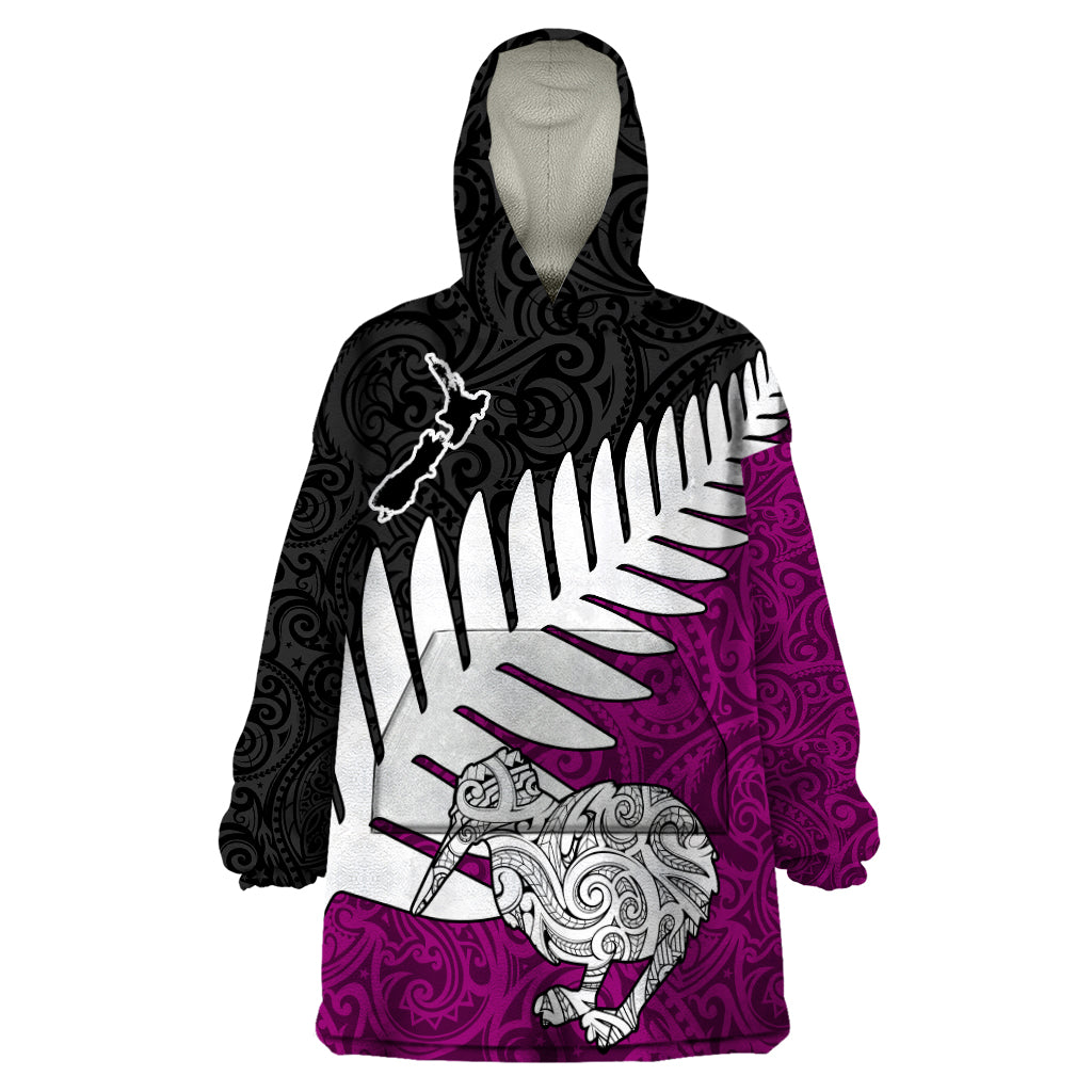 Aotearoa New Zealand Wearable Blanket Hoodie Silver Fern Kiwi Bird and NZ Map with Maori Tribal Pink Style LT03 One Size Red - Polynesian Pride