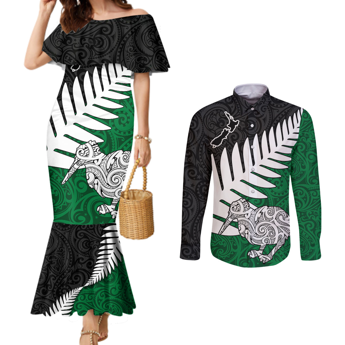 Aotearoa New Zealand Couples Matching Mermaid Dress and Long Sleeve Button Shirts Silver Fern Kiwi Bird and NZ Map with Maori Tribal Green Style LT03 Green - Polynesian Pride