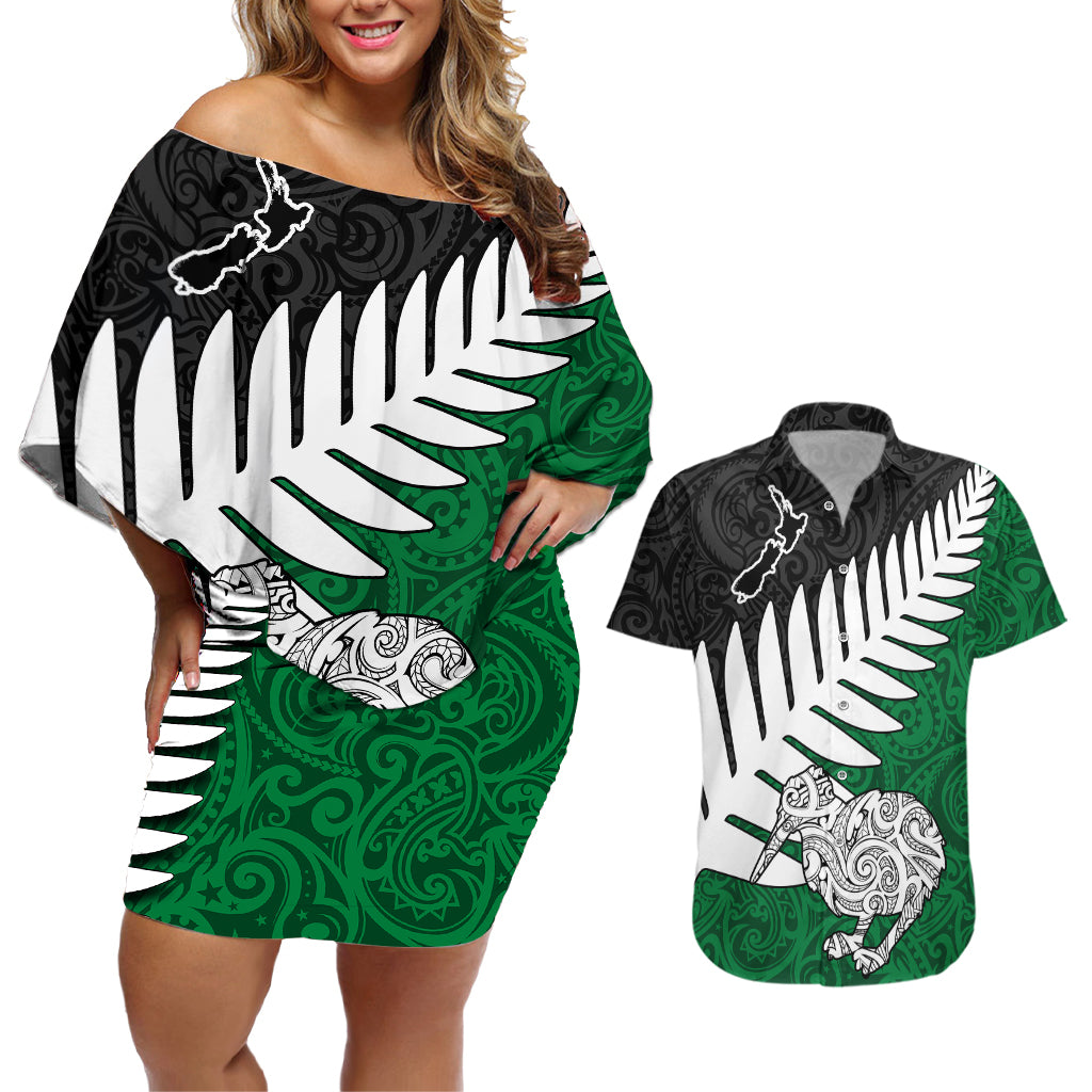 Aotearoa New Zealand Couples Matching Off Shoulder Short Dress and Hawaiian Shirt Silver Fern Kiwi Bird and NZ Map with Maori Tribal Green Style LT03 Green - Polynesian Pride