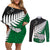 Aotearoa New Zealand Couples Matching Off Shoulder Short Dress and Long Sleeve Button Shirts Silver Fern Kiwi Bird and NZ Map with Maori Tribal Green Style LT03 Green - Polynesian Pride