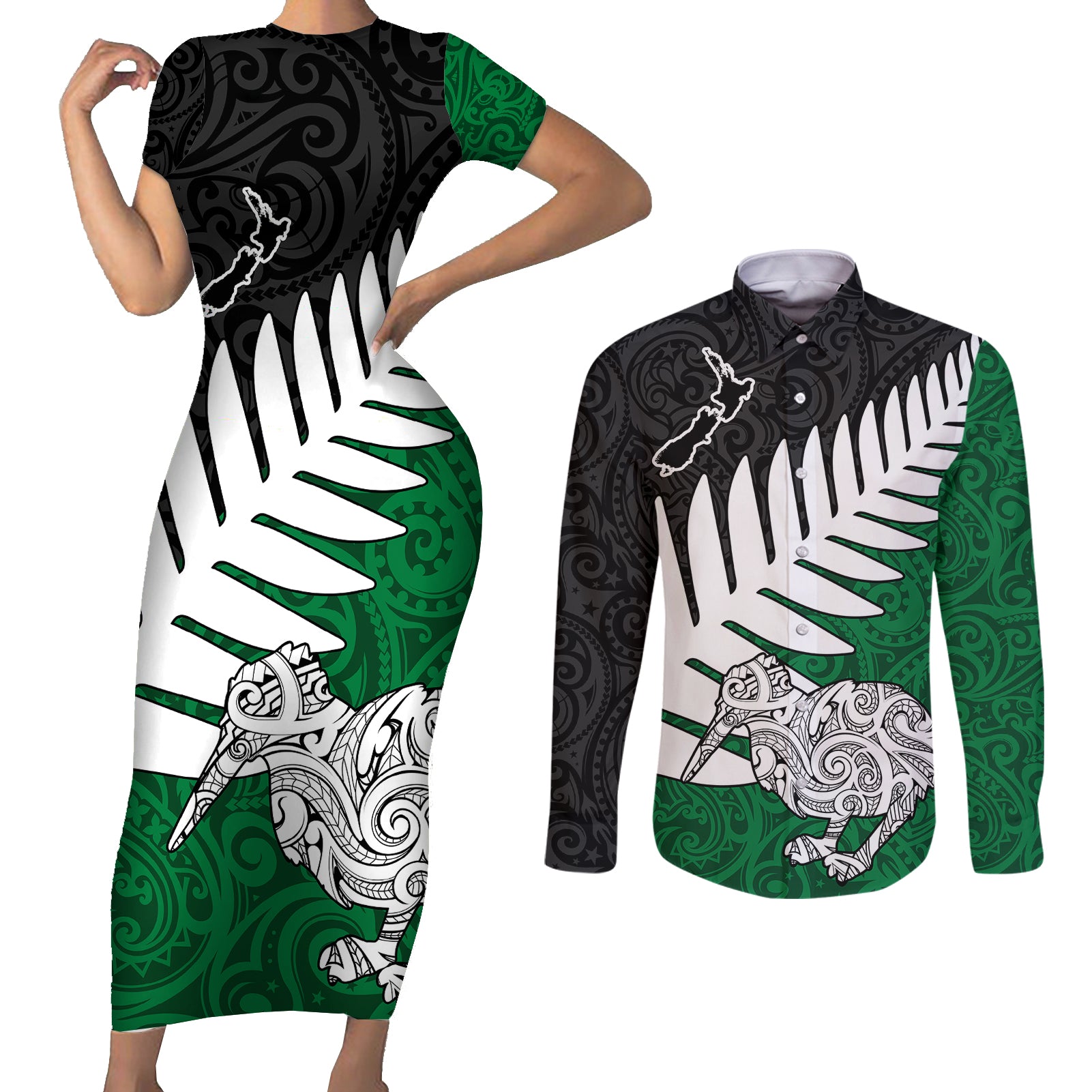 Aotearoa New Zealand Couples Matching Short Sleeve Bodycon Dress and Long Sleeve Button Shirts Silver Fern Kiwi Bird and NZ Map with Maori Tribal Green Style LT03 Green - Polynesian Pride