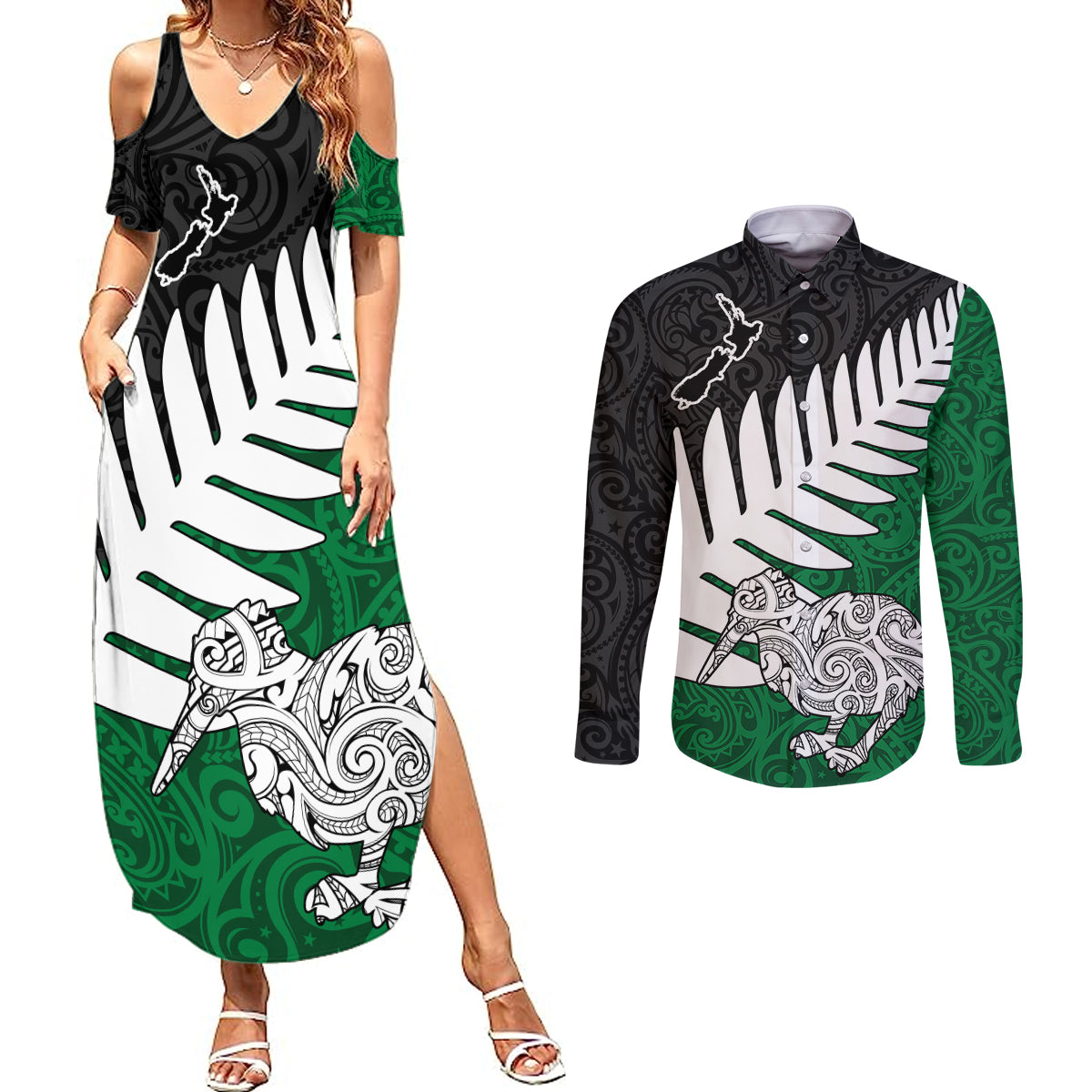 Aotearoa New Zealand Couples Matching Summer Maxi Dress and Long Sleeve Button Shirts Silver Fern Kiwi Bird and NZ Map with Maori Tribal Green Style LT03 Green - Polynesian Pride