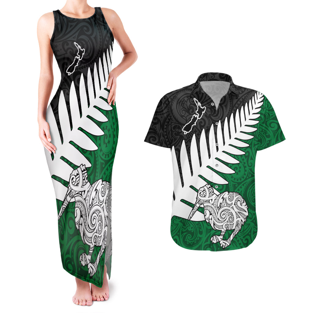 Aotearoa New Zealand Couples Matching Tank Maxi Dress and Hawaiian Shirt Silver Fern Kiwi Bird and NZ Map with Maori Tribal Green Style LT03 Green - Polynesian Pride