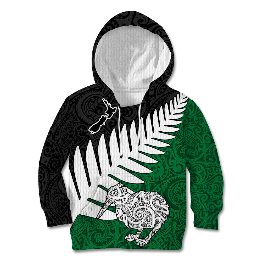 Aotearoa New Zealand Kid Hoodie Silver Fern Kiwi Bird and NZ Map with Maori Tribal Green Style LT03 Green - Polynesian Pride