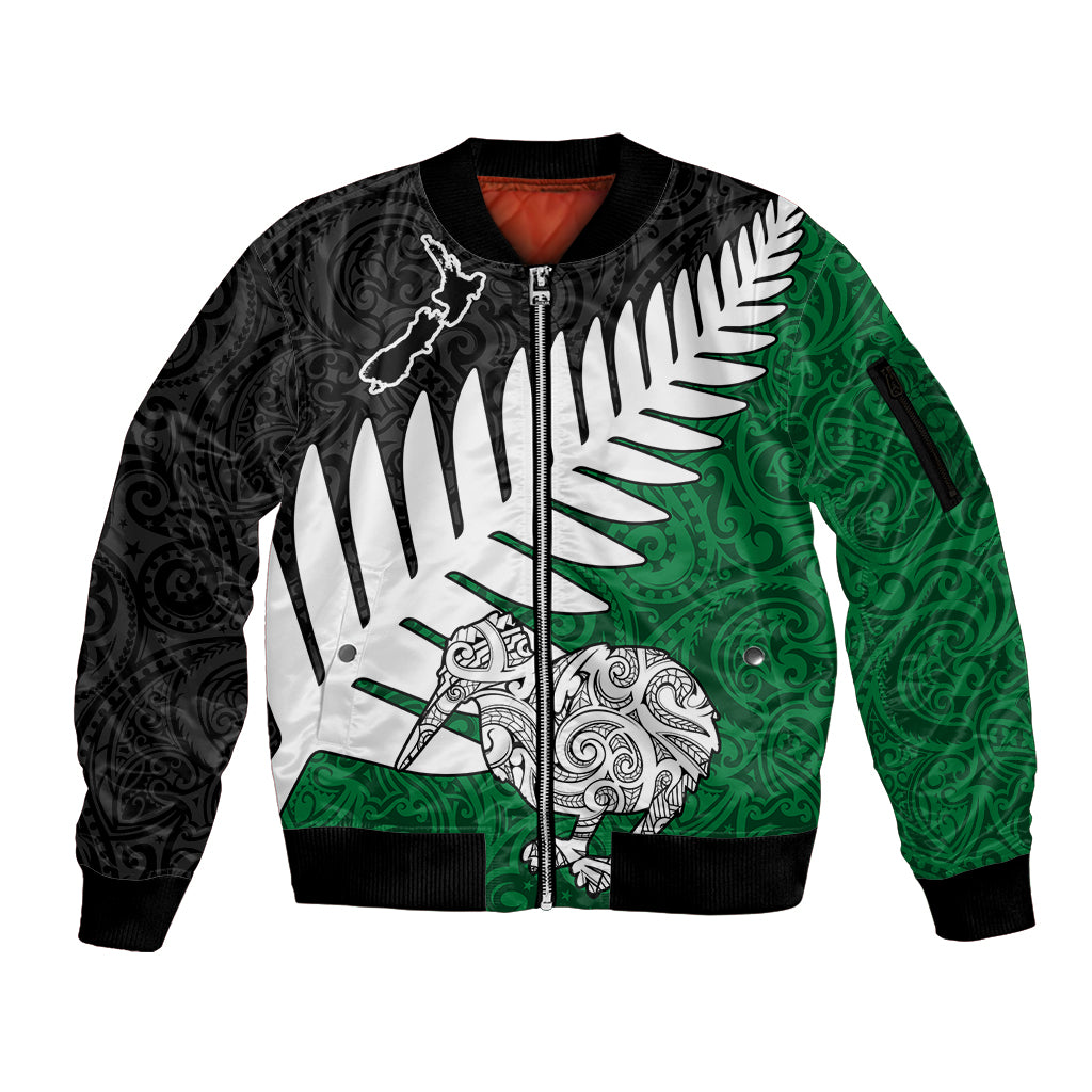 Aotearoa New Zealand Sleeve Zip Bomber Jacket Silver Fern Kiwi Bird and NZ Map with Maori Tribal Green Style LT03 Unisex Green - Polynesian Pride