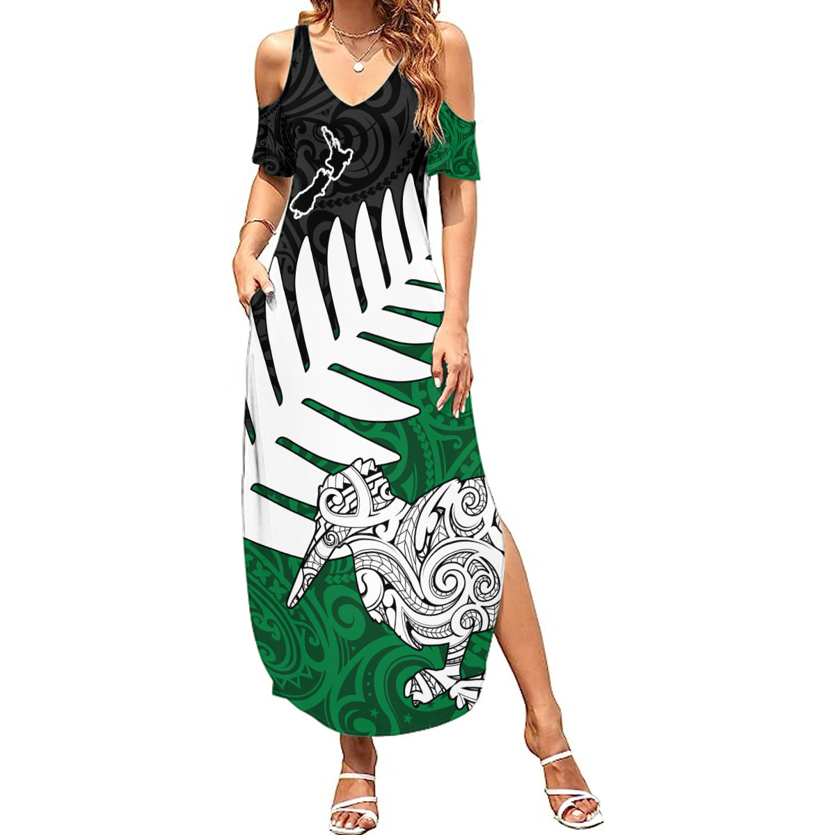 Aotearoa New Zealand Summer Maxi Dress Silver Fern Kiwi Bird and NZ Map with Maori Tribal Green Style LT03 Women Green - Polynesian Pride