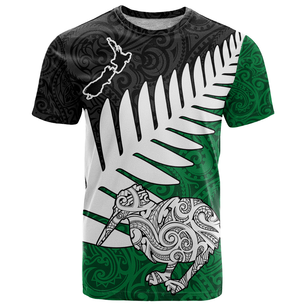 Aotearoa New Zealand T Shirt Silver Fern Kiwi Bird and NZ Map with Maori Tribal Green Style LT03 Green - Polynesian Pride