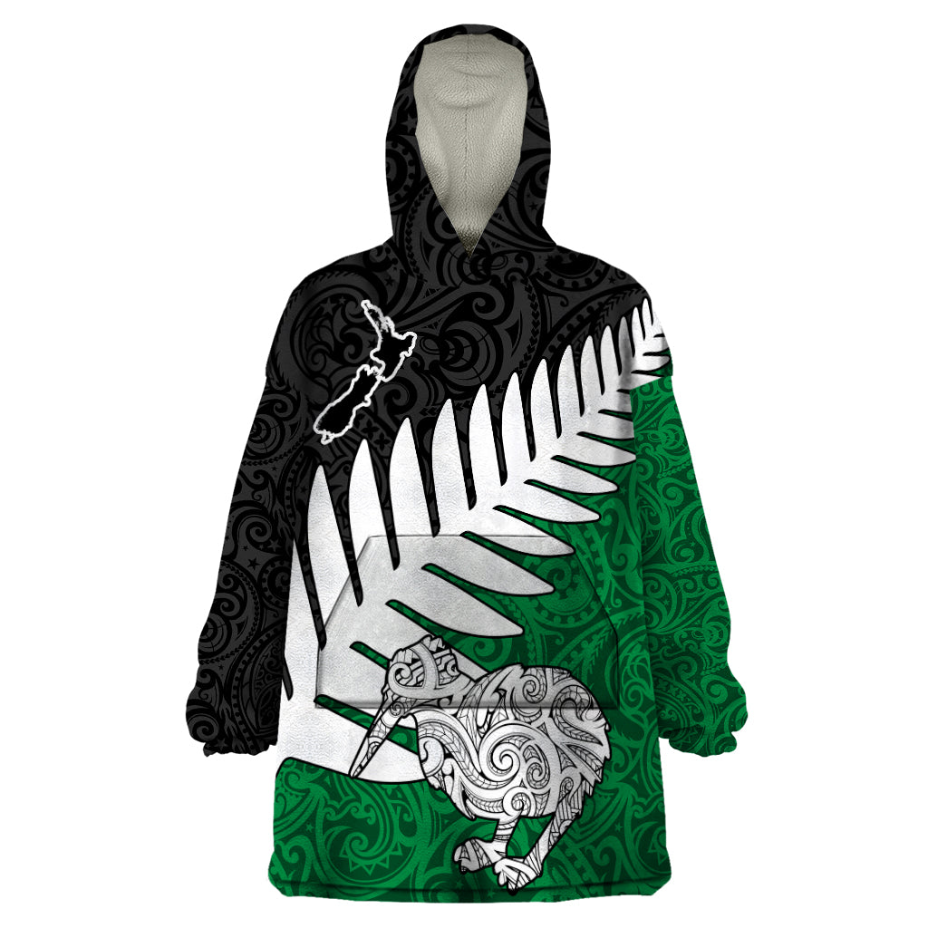 Aotearoa New Zealand Wearable Blanket Hoodie Silver Fern Kiwi Bird and NZ Map with Maori Tribal Green Style LT03 One Size Green - Polynesian Pride