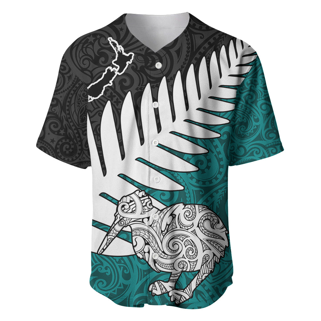 Aotearoa New Zealand Baseball Jersey Silver Fern Kiwi Bird and NZ Map with Maori Tribal Turquoise Style LT03 Turquoise - Polynesian Pride