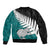 Aotearoa New Zealand Bomber Jacket Silver Fern Kiwi Bird and NZ Map with Maori Tribal Turquoise Style LT03 - Polynesian Pride