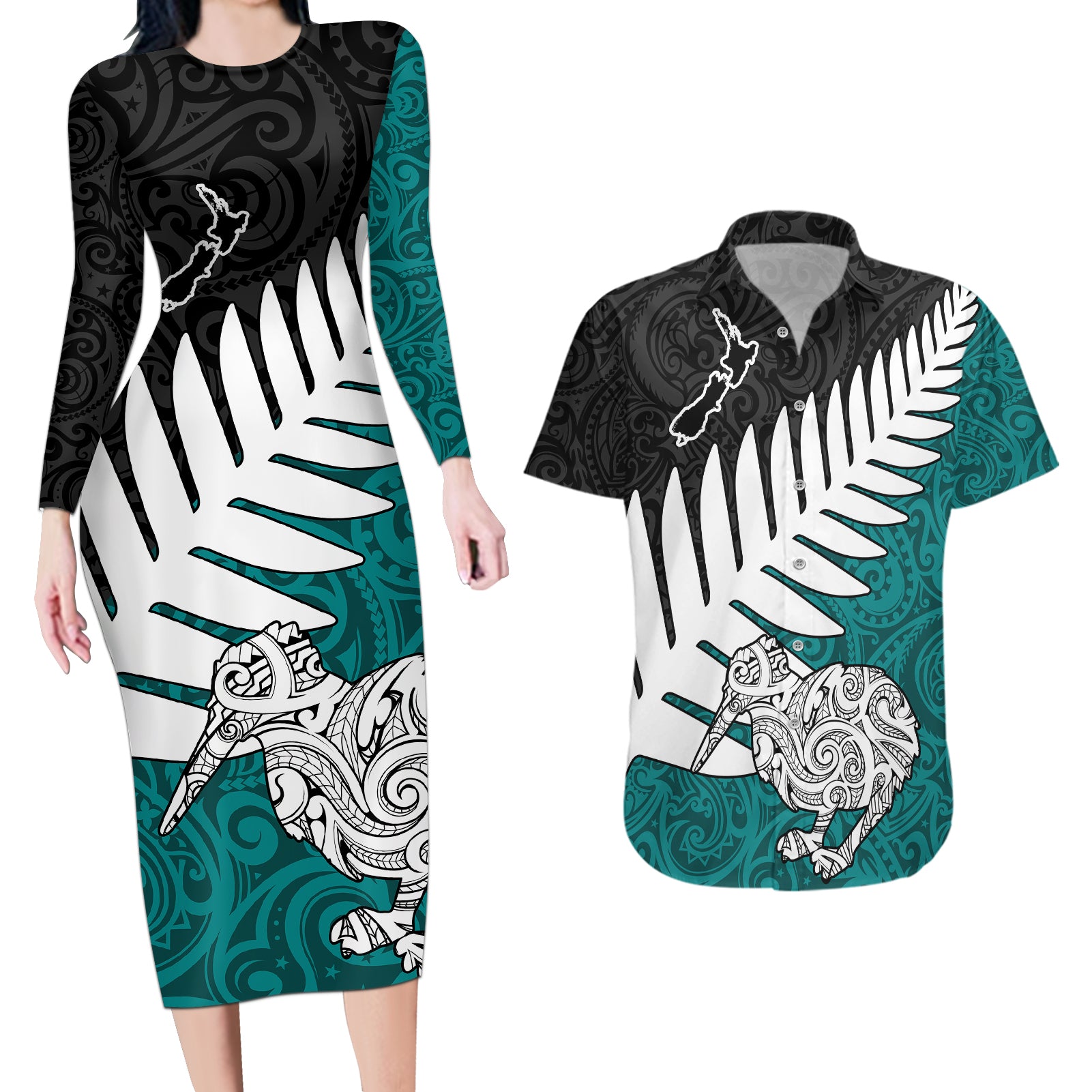 Aotearoa New Zealand Couples Matching Long Sleeve Bodycon Dress and Hawaiian Shirt Silver Fern Kiwi Bird and NZ Map with Maori Tribal Turquoise Style LT03 Turquoise - Polynesian Pride