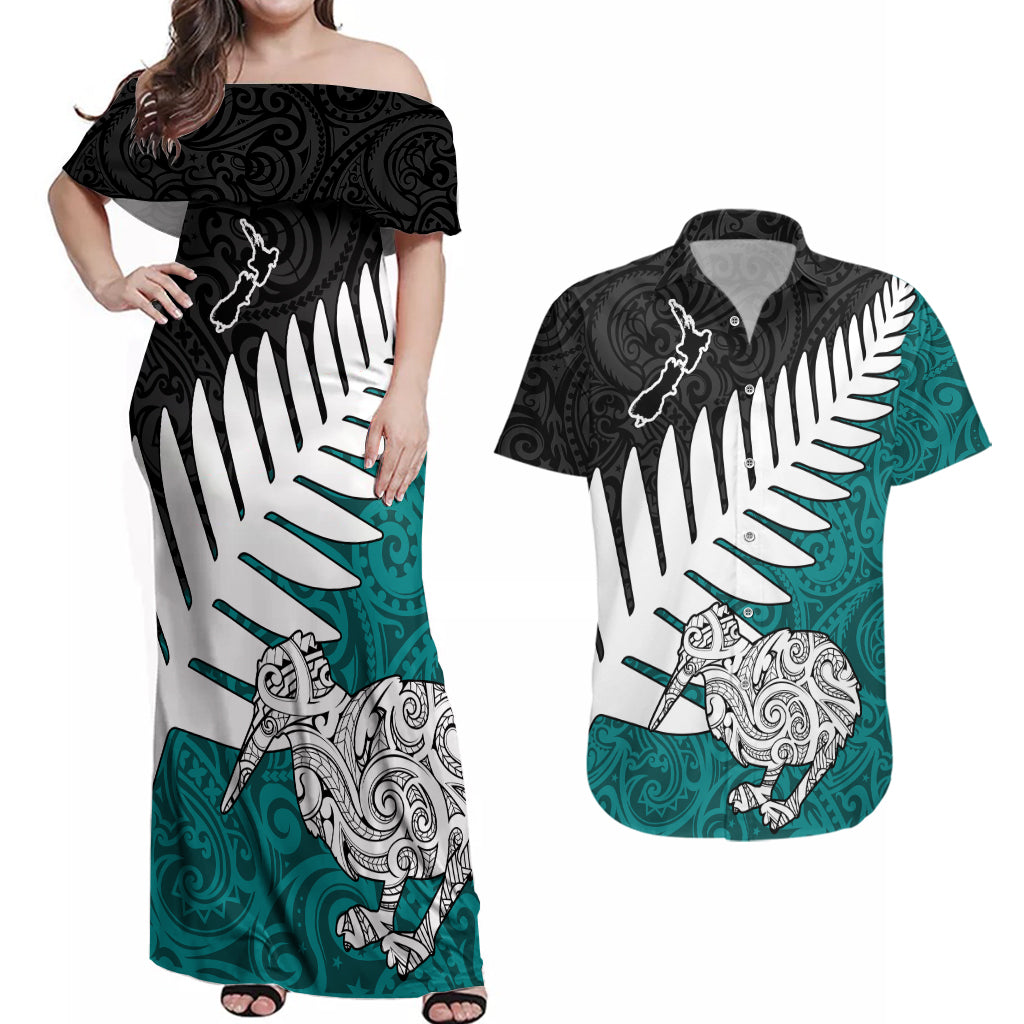 Aotearoa New Zealand Couples Matching Off Shoulder Maxi Dress and Hawaiian Shirt Silver Fern Kiwi Bird and NZ Map with Maori Tribal Turquoise Style LT03 Turquoise - Polynesian Pride