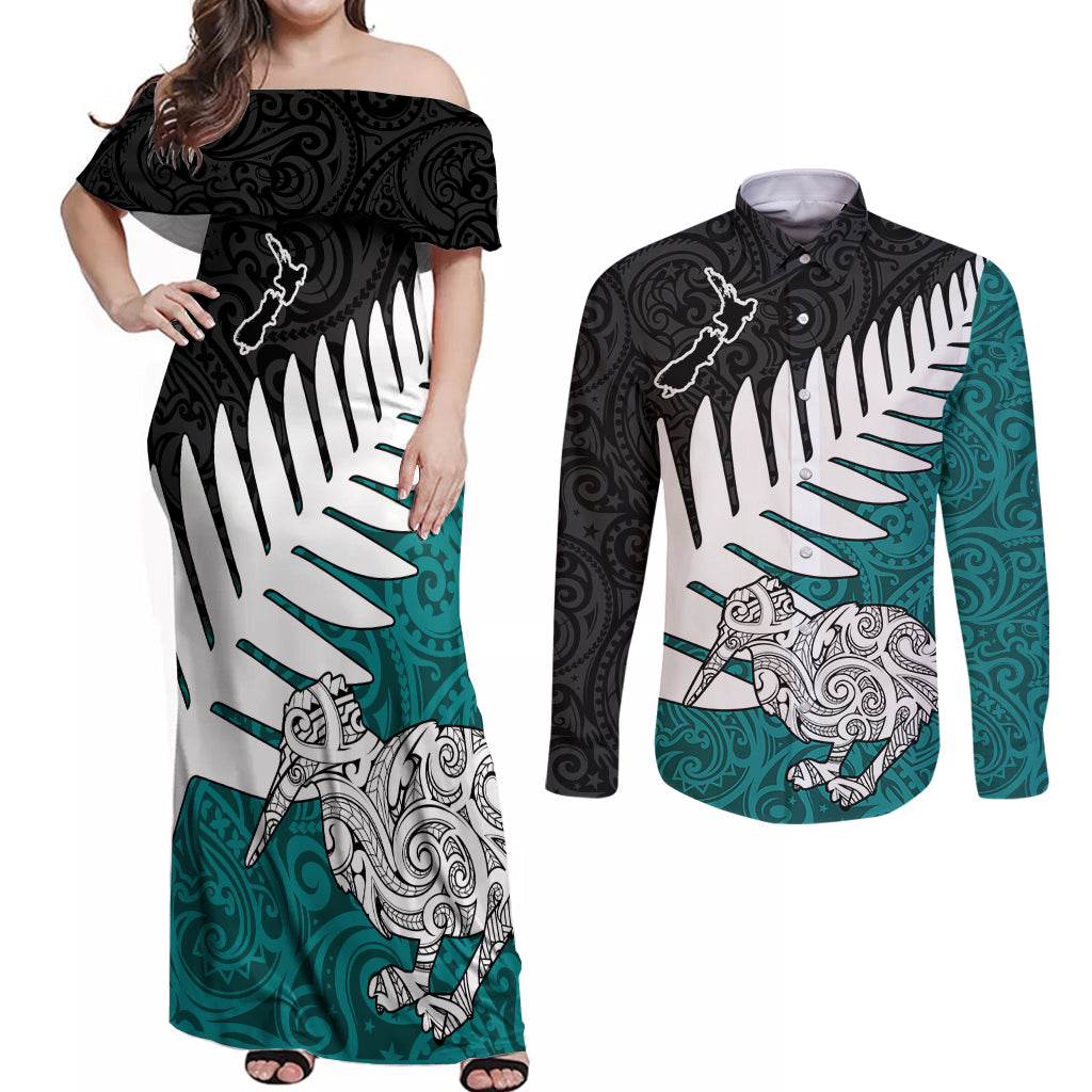 Aotearoa New Zealand Couples Matching Off Shoulder Maxi Dress and Long Sleeve Button Shirts Silver Fern Kiwi Bird and NZ Map with Maori Tribal Turquoise Style LT03 Turquoise - Polynesian Pride