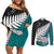 Aotearoa New Zealand Couples Matching Off Shoulder Short Dress and Long Sleeve Button Shirts Silver Fern Kiwi Bird and NZ Map with Maori Tribal Turquoise Style LT03 Turquoise - Polynesian Pride