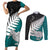 Aotearoa New Zealand Couples Matching Short Sleeve Bodycon Dress and Long Sleeve Button Shirts Silver Fern Kiwi Bird and NZ Map with Maori Tribal Turquoise Style LT03 Turquoise - Polynesian Pride