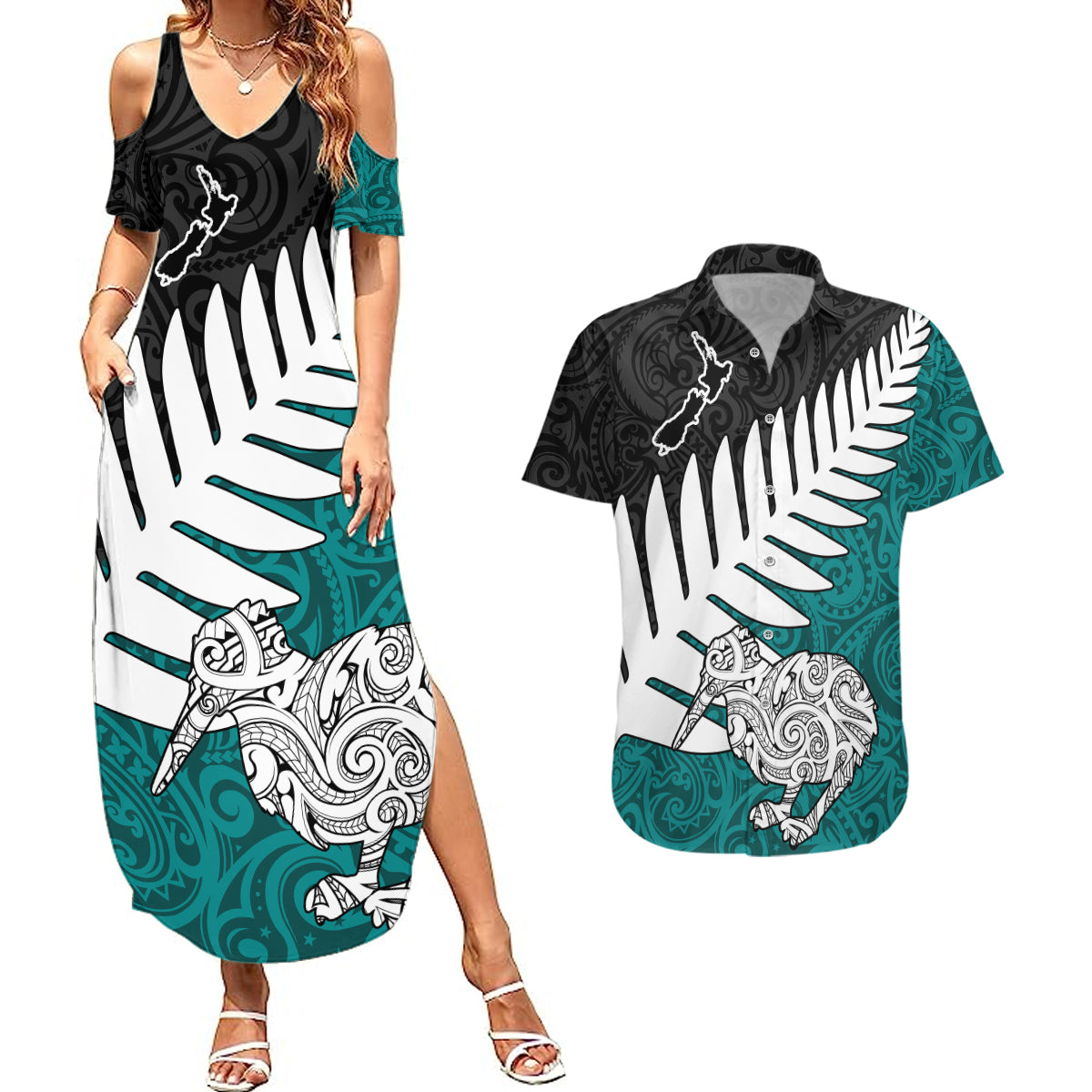 Aotearoa New Zealand Couples Matching Summer Maxi Dress and Hawaiian Shirt Silver Fern Kiwi Bird and NZ Map with Maori Tribal Turquoise Style LT03 Turquoise - Polynesian Pride