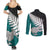 Aotearoa New Zealand Couples Matching Summer Maxi Dress and Long Sleeve Button Shirts Silver Fern Kiwi Bird and NZ Map with Maori Tribal Turquoise Style LT03 - Polynesian Pride