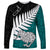 Aotearoa New Zealand Long Sleeve Shirt Silver Fern Kiwi Bird and NZ Map with Maori Tribal Turquoise Style LT03 Unisex Turquoise - Polynesian Pride