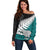 Aotearoa New Zealand Off Shoulder Sweater Silver Fern Kiwi Bird and NZ Map with Maori Tribal Turquoise Style LT03 Women Turquoise - Polynesian Pride