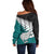 Aotearoa New Zealand Off Shoulder Sweater Silver Fern Kiwi Bird and NZ Map with Maori Tribal Turquoise Style LT03 - Polynesian Pride