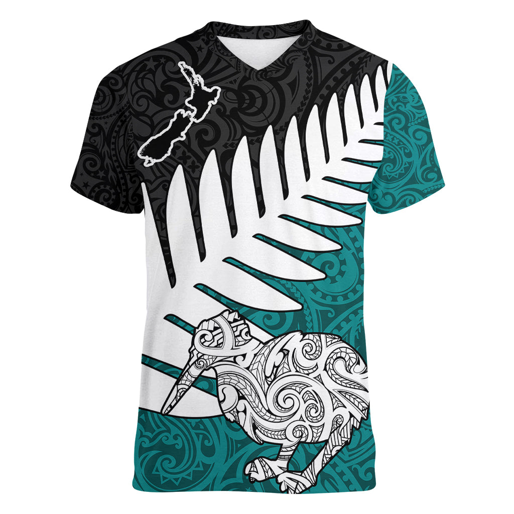 Aotearoa New Zealand Women V Neck T Shirt Silver Fern Kiwi Bird and NZ Map with Maori Tribal Turquoise Style LT03 Female Turquoise - Polynesian Pride