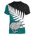 Aotearoa New Zealand Women V Neck T Shirt Silver Fern Kiwi Bird and NZ Map with Maori Tribal Turquoise Style LT03 - Polynesian Pride