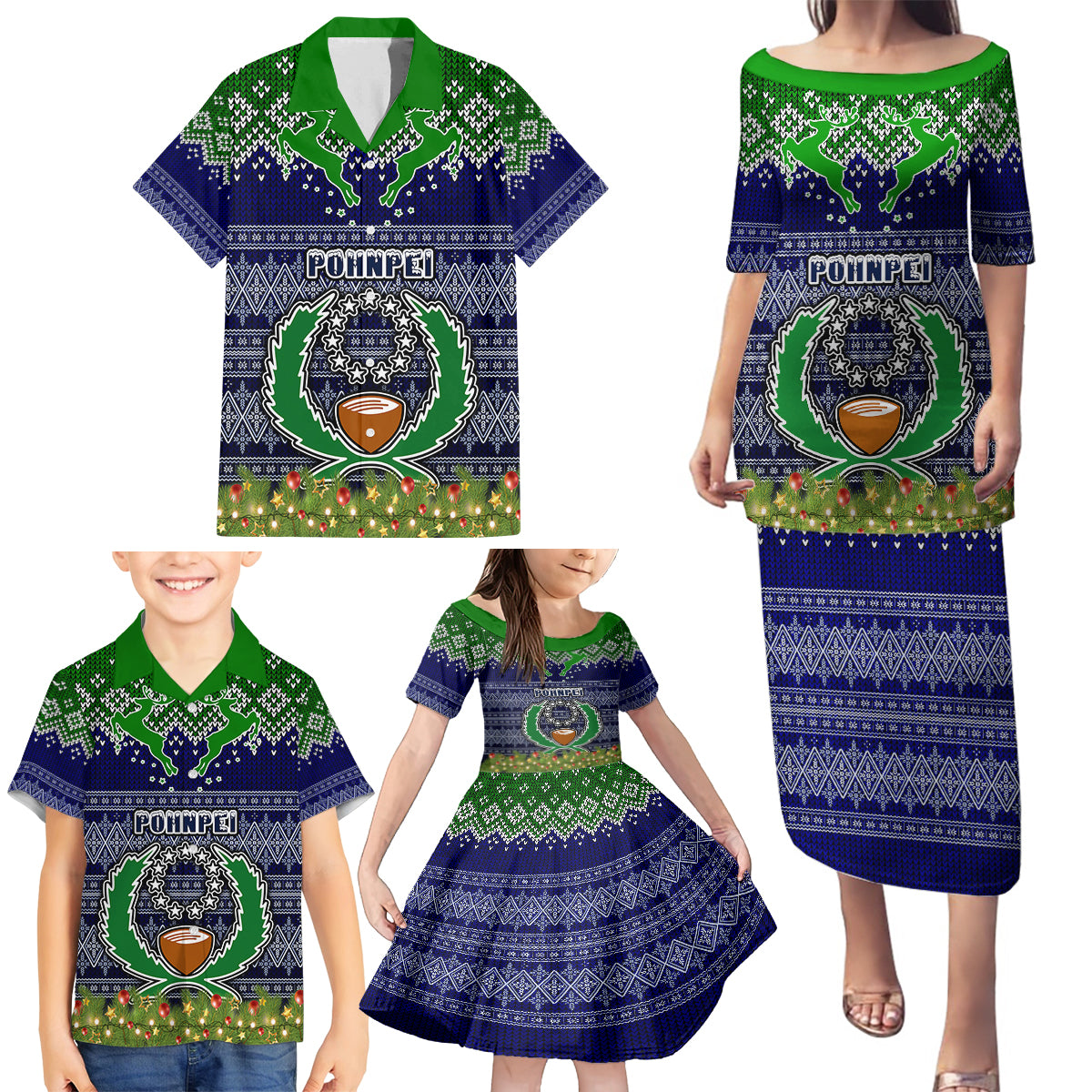 Pohnpei State Christmas Family Matching Puletasi Dress and Hawaiian Shirt Coat of Arms Beautiful Merry Xmas Snowflake LT03 - Polynesian Pride