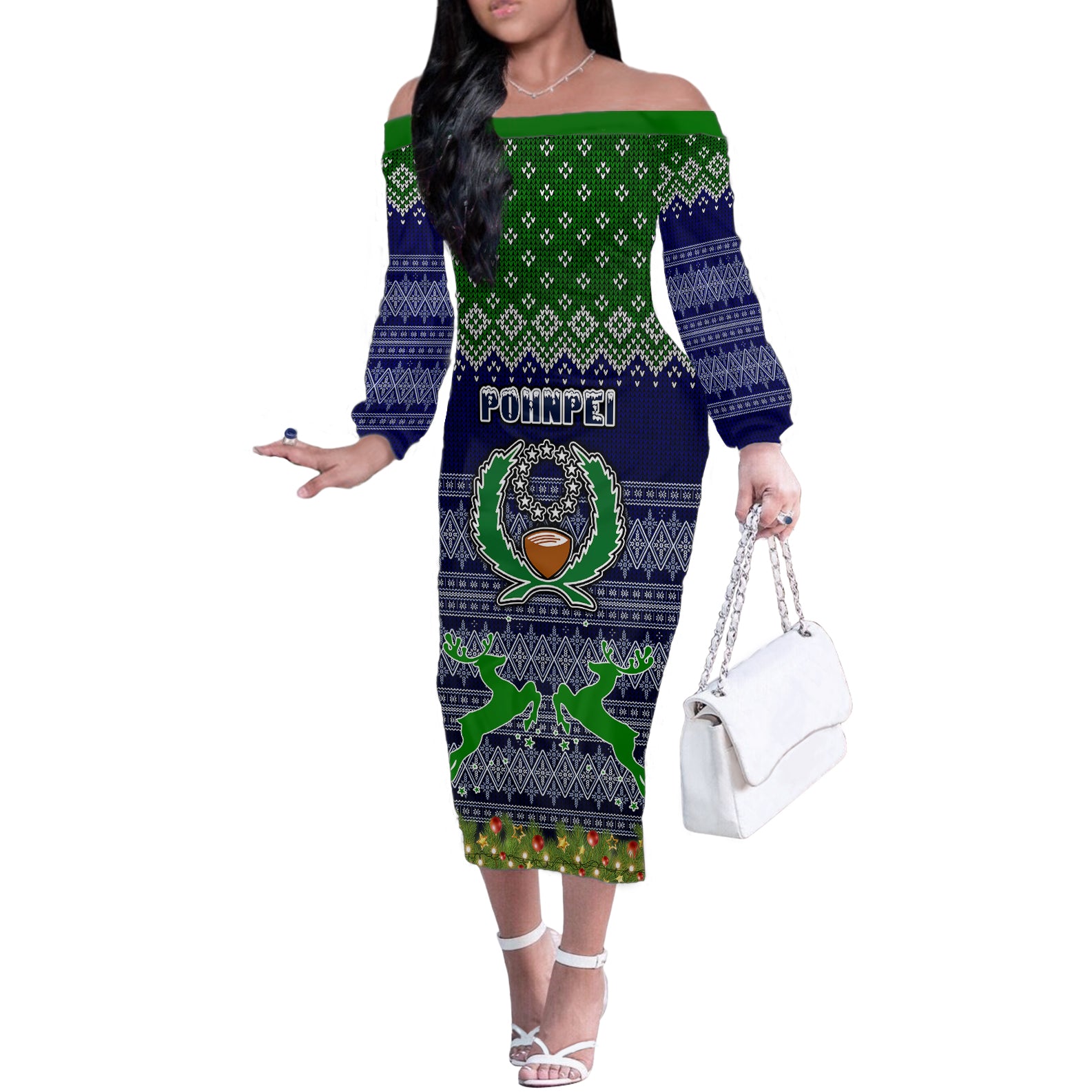 Personalised Pohnpei State Christmas Off The Shoulder Long Sleeve Dress Coat of Arms Beautiful Merry Xmas Snowflake LT03 Women Blue - Polynesian Pride