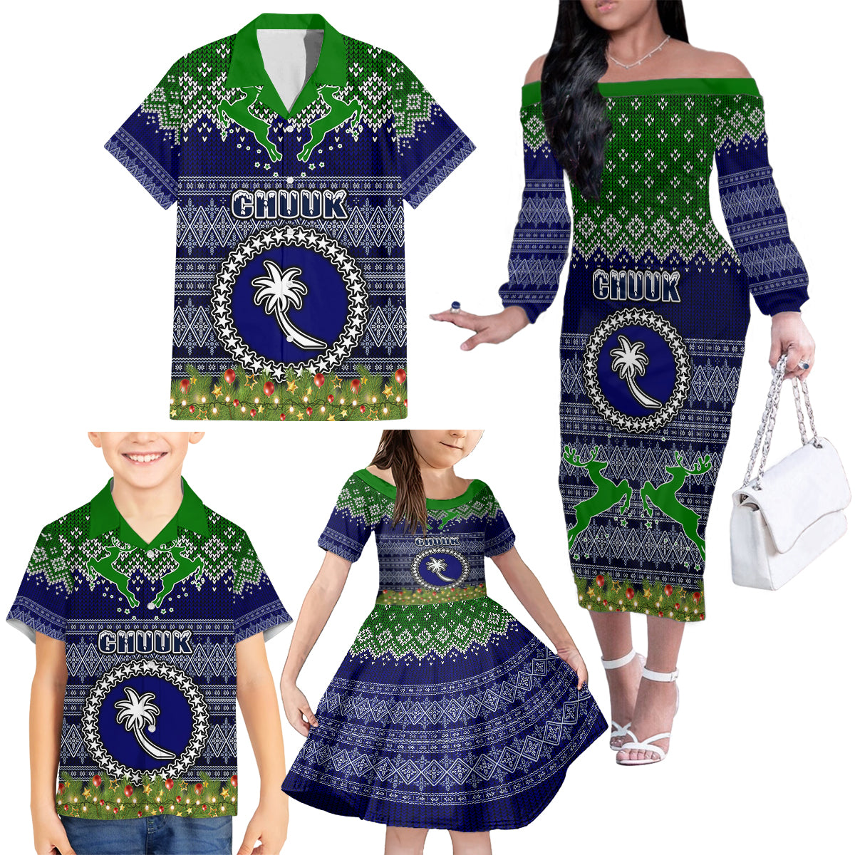 chuuk-state-christmas-family-matching-off-shoulder-long-sleeve-dress-and-hawaiian-shirt-coat-of-arms-beautiful-merry-xmas-snowflake