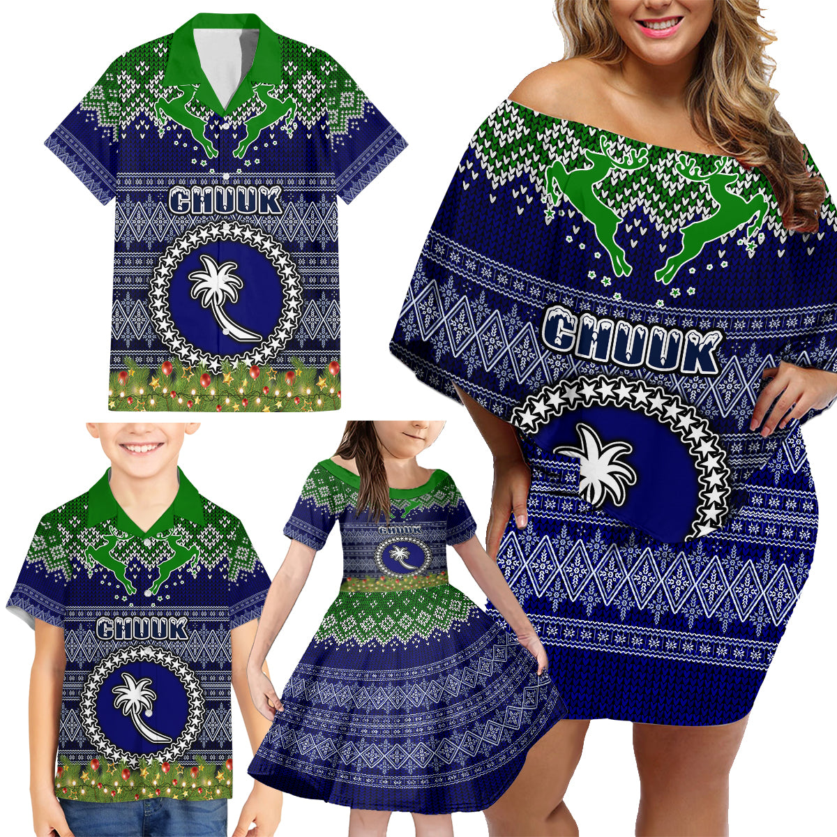 chuuk-state-christmas-family-matching-off-shoulder-short-dress-and-hawaiian-shirt-coat-of-arms-beautiful-merry-xmas-snowflake