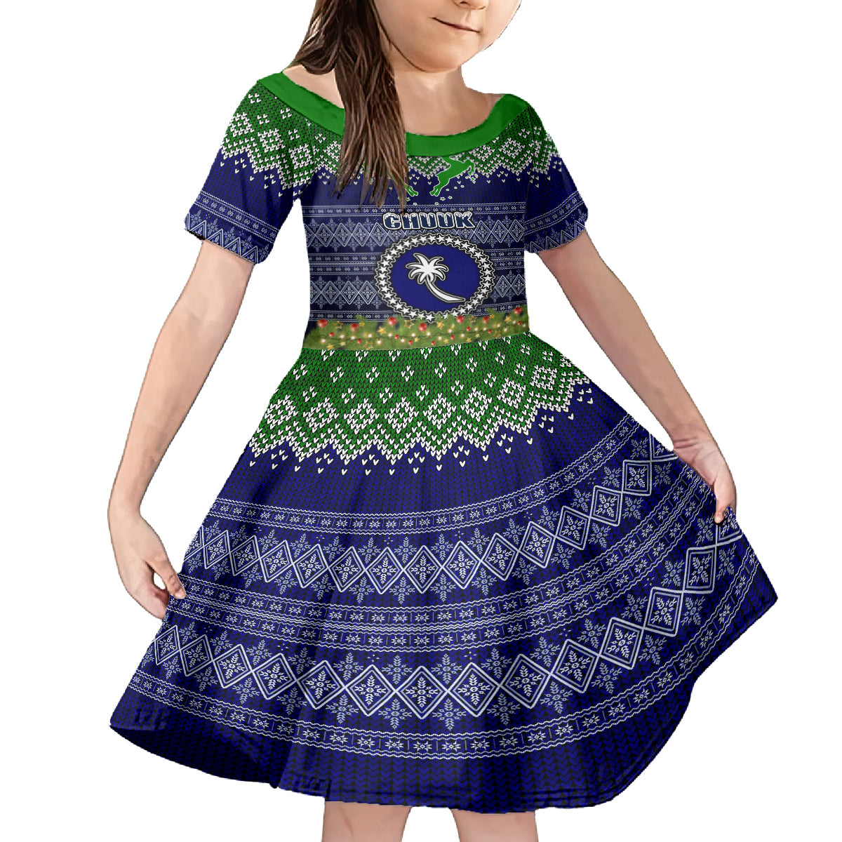 Personalised Chuuk State Christmas Kid Short Sleeve Dress Coat of Arms Beautiful Merry Xmas Snowflake LT03 KID Blue - Polynesian Pride