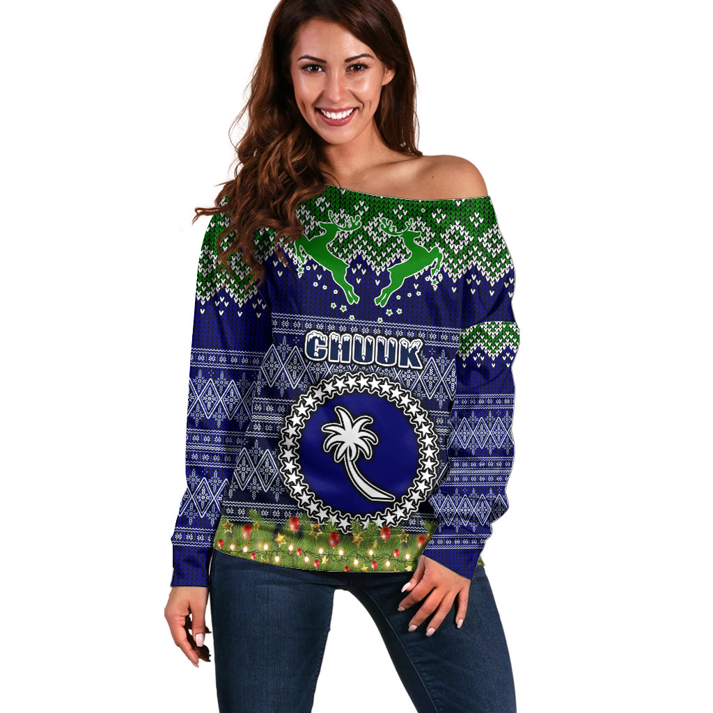 Personalised Chuuk State Christmas Off Shoulder Sweater Coat of Arms Beautiful Merry Xmas Snowflake LT03 Women Blue - Polynesian Pride