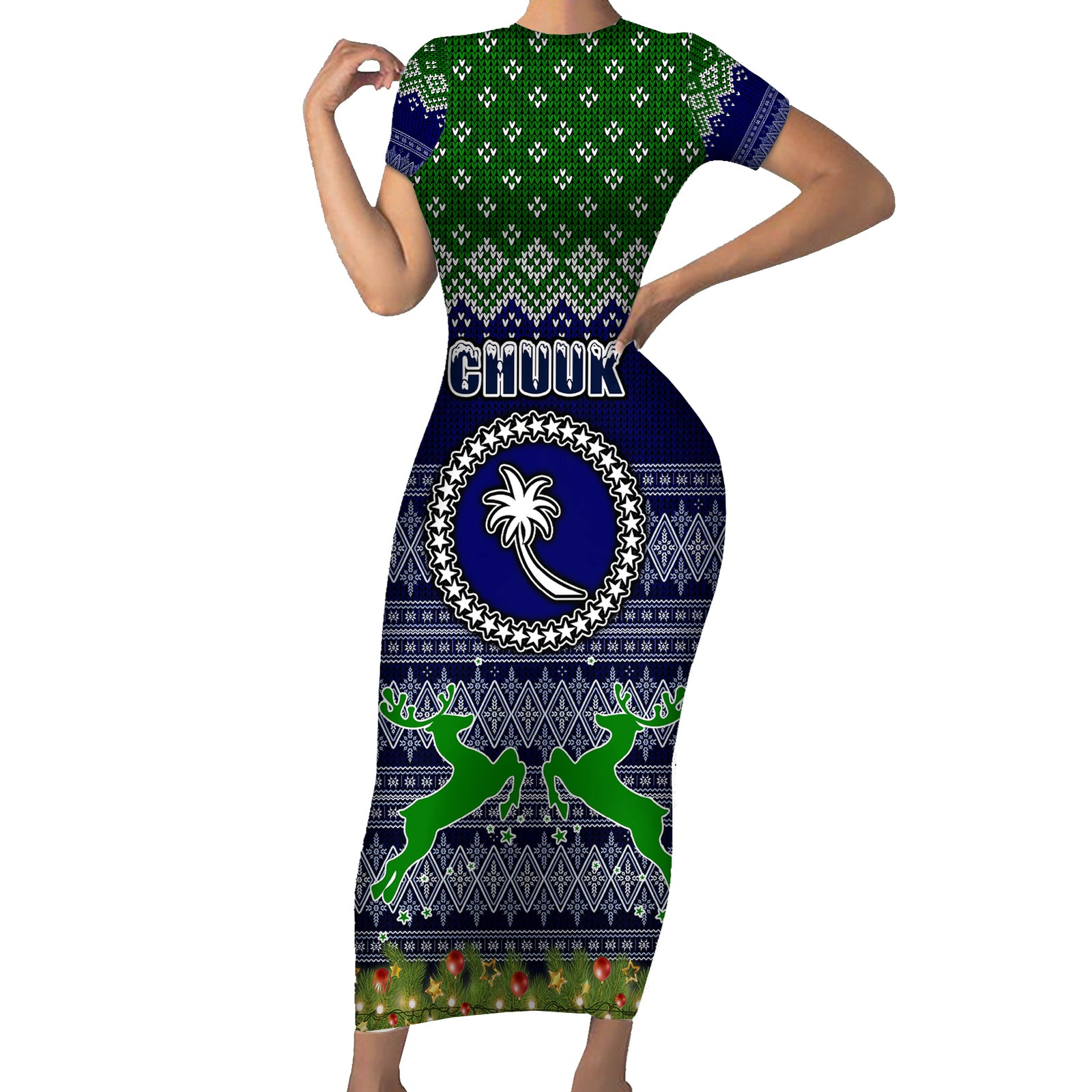 Personalised Chuuk State Christmas Short Sleeve Bodycon Dress Coat of Arms Beautiful Merry Xmas Snowflake LT03 Long Dress Blue - Polynesian Pride