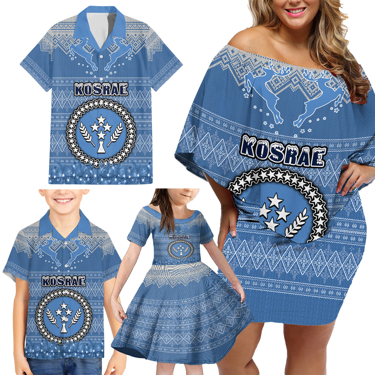 kosrae-christmas-family-matching-off-shoulder-short-dress-and-hawaiian-shirt-coat-of-arms-beautiful-merry-xmas-snowflake