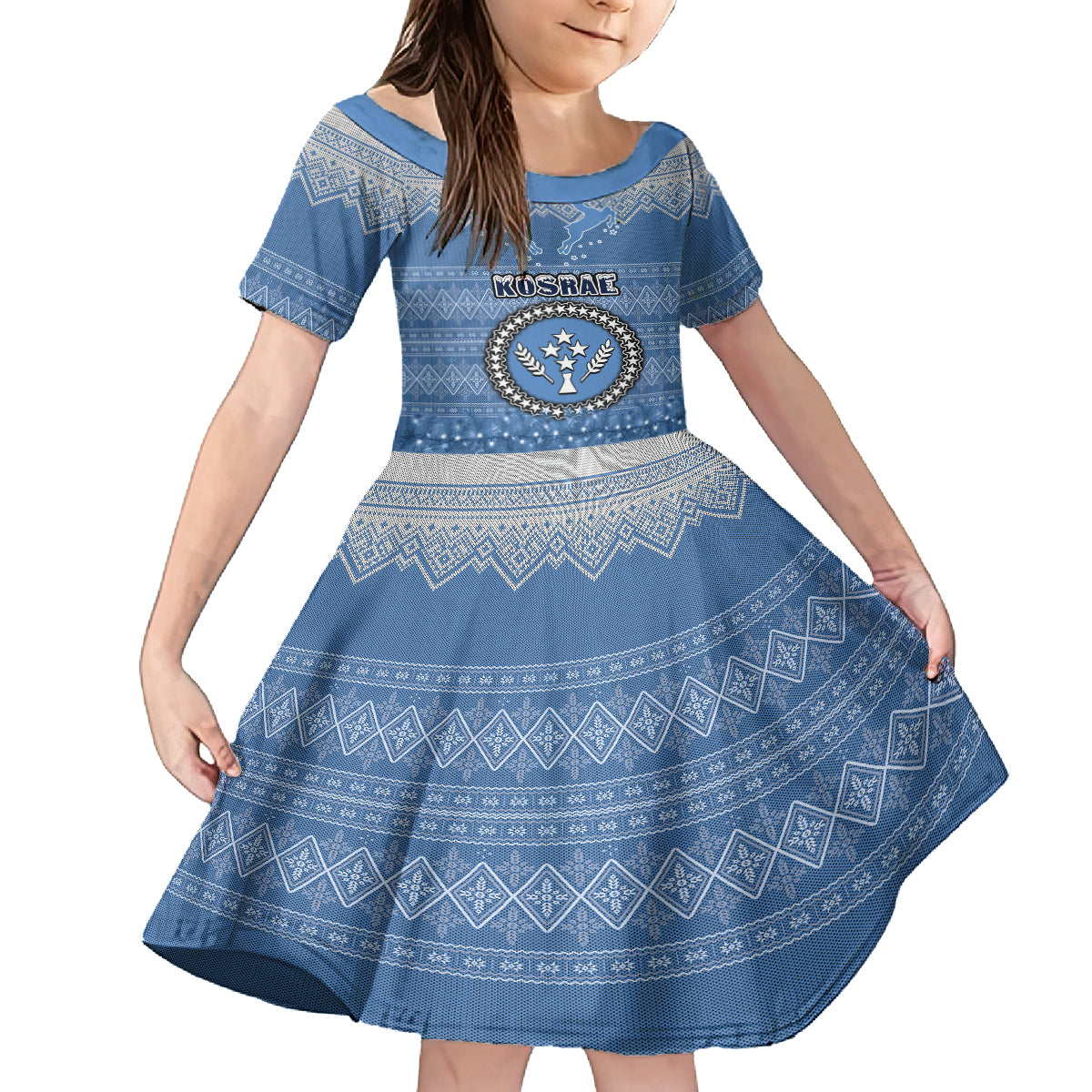 Kosrae Christmas Kid Short Sleeve Dress Coat of Arms Beautiful Merry Xmas Snowflake LT03 KID Blue - Polynesian Pride