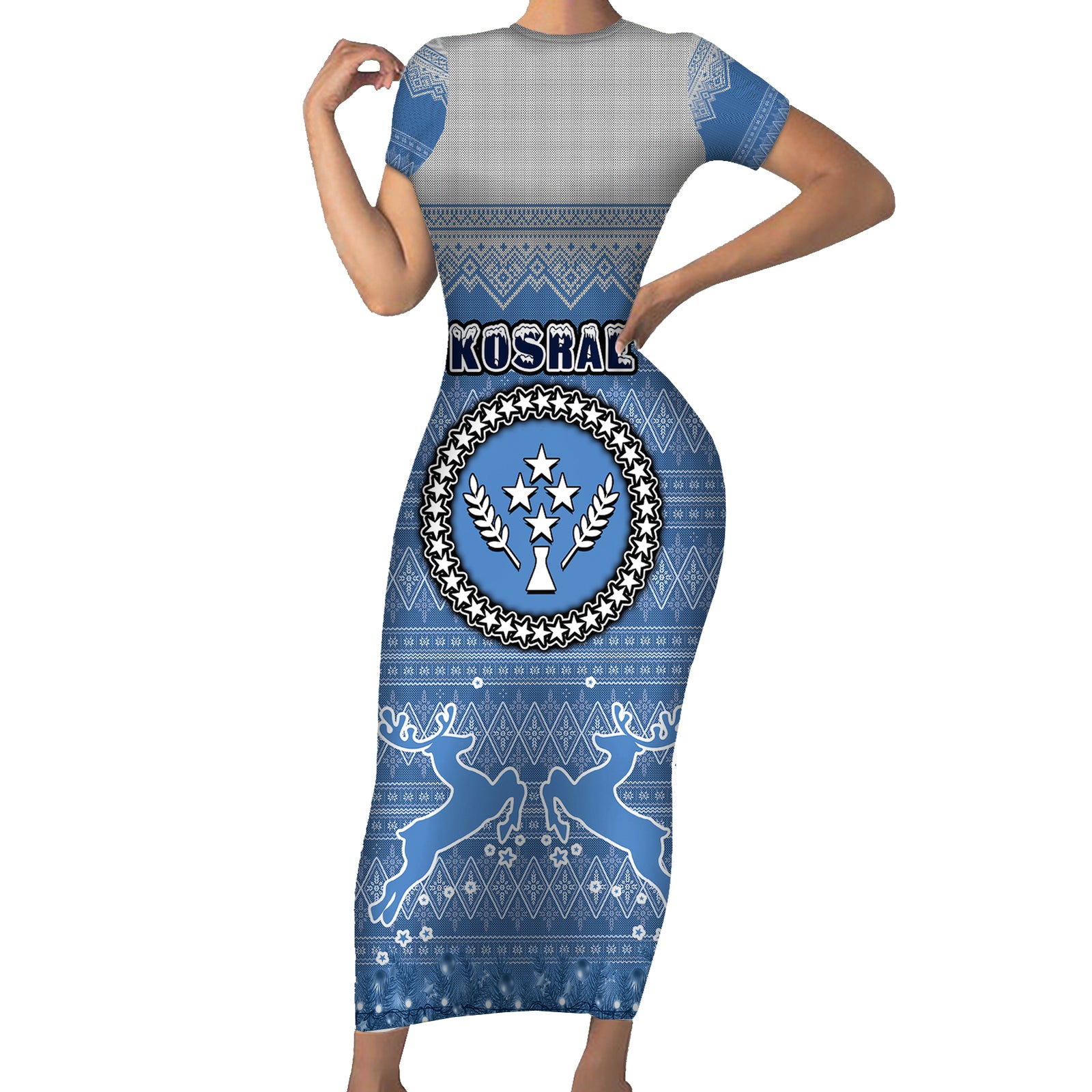 Kosrae Christmas Short Sleeve Bodycon Dress Coat of Arms Beautiful Merry Xmas Snowflake LT03 Long Dress Blue - Polynesian Pride