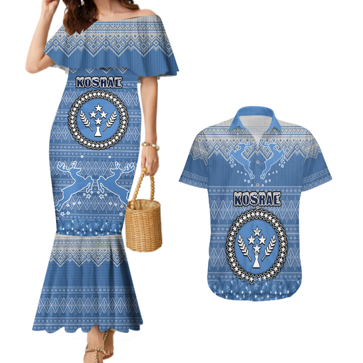 personalised-kosrae-christmas-couples-matching-mermaid-dress-and-hawaiian-shirt-coat-of-arms-beautiful-merry-xmas-snowflake