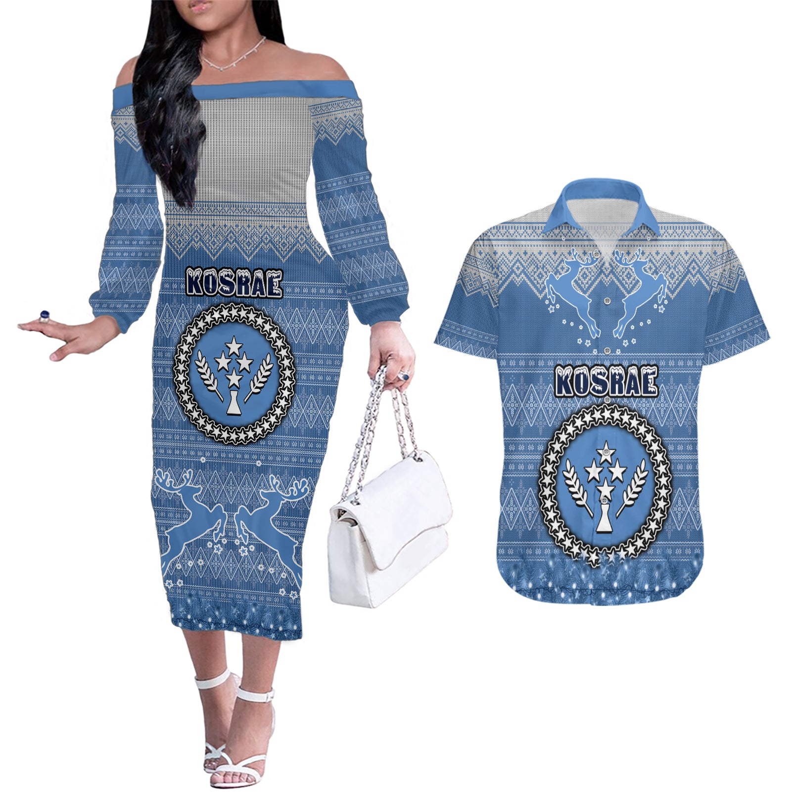 personalised-kosrae-christmas-couples-matching-off-the-shoulder-long-sleeve-dress-and-hawaiian-shirt-coat-of-arms-beautiful-merry-xmas-snowflake