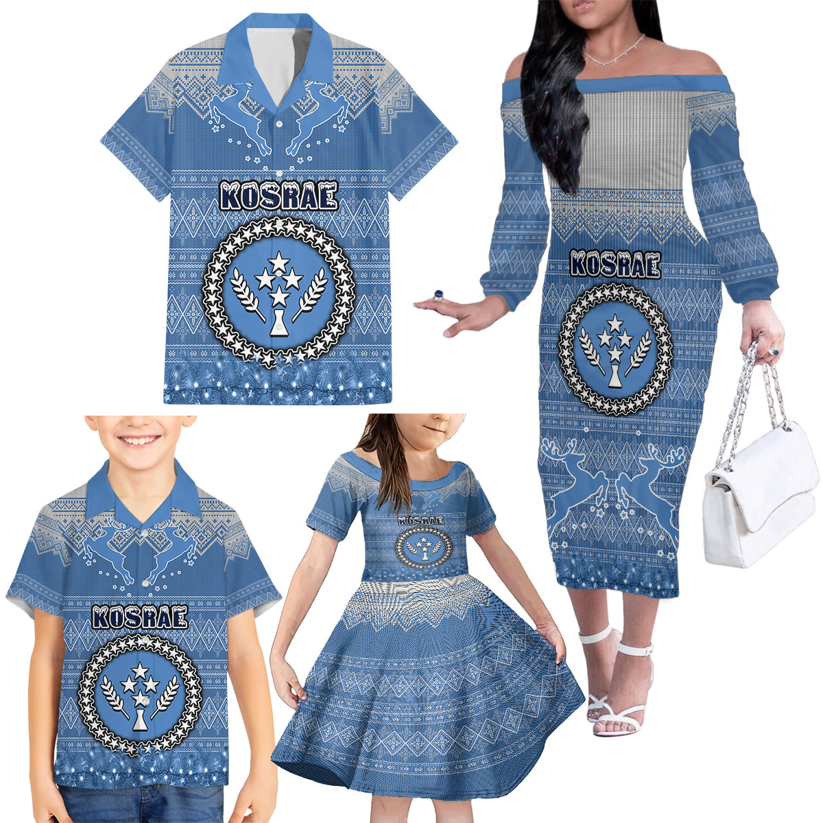 personalised-kosrae-christmas-family-matching-off-shoulder-long-sleeve-dress-and-hawaiian-shirt-coat-of-arms-beautiful-merry-xmas-snowflake