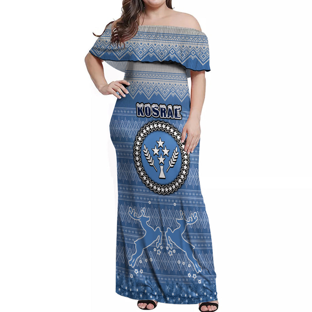 Personalised Kosrae Christmas Off Shoulder Maxi Dress Coat of Arms Beautiful Merry Xmas Snowflake LT03 Women Blue - Polynesian Pride