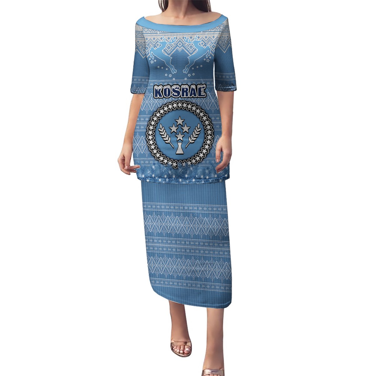 Personalised Kosrae Christmas Puletasi Coat of Arms Beautiful Merry Xmas Snowflake LT03 Long Dress Blue - Polynesian Pride