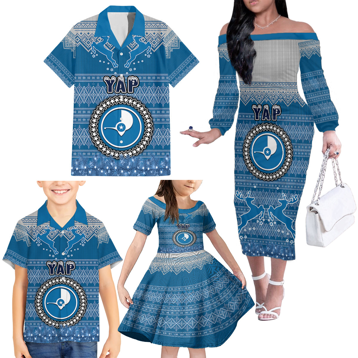 yap-christmas-family-matching-off-shoulder-long-sleeve-dress-and-hawaiian-shirt-coat-of-arms-beautiful-merry-xmas-snowflake