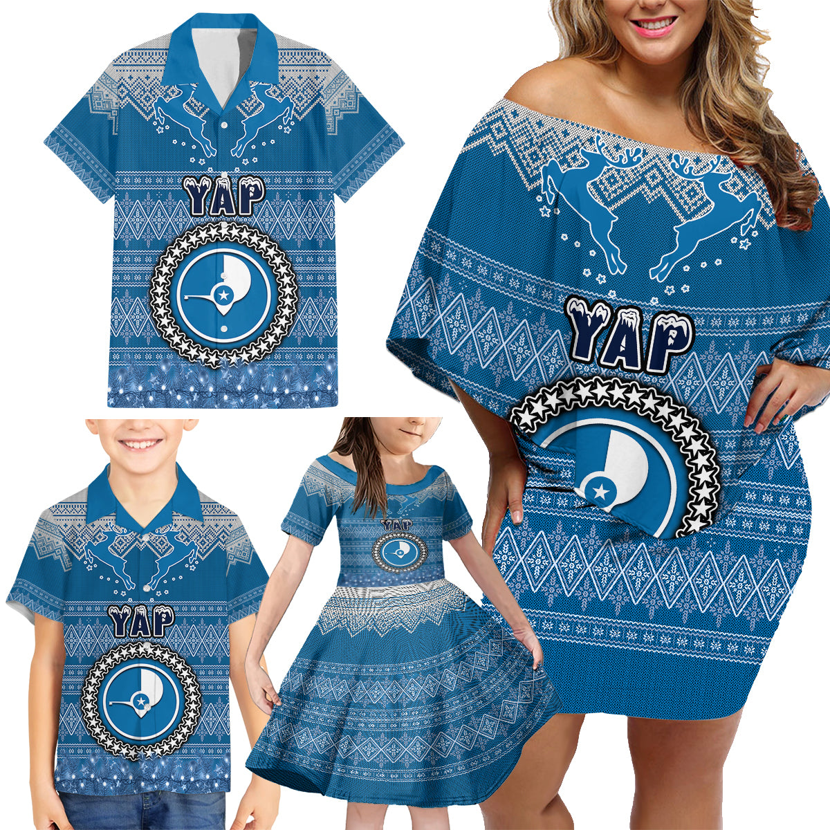 yap-christmas-family-matching-off-shoulder-short-dress-and-hawaiian-shirt-coat-of-arms-beautiful-merry-xmas-snowflake