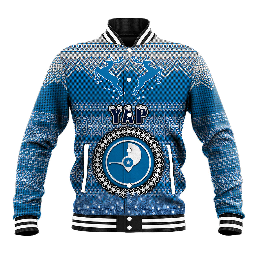 Personalised Yap Christmas Baseball Jacket Coat of Arms Beautiful Merry Xmas Snowflake LT03 Unisex Blue - Polynesian Pride