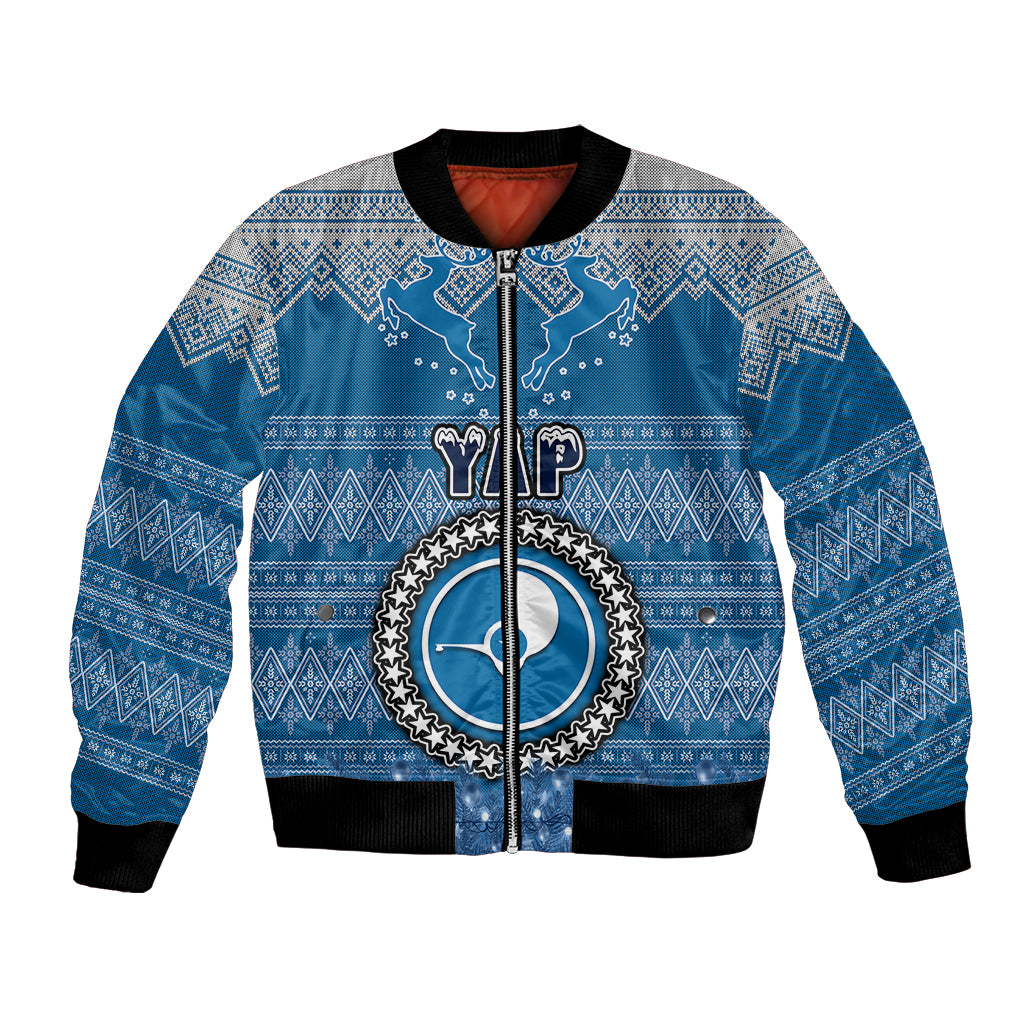 Personalised Yap Christmas Bomber Jacket Coat of Arms Beautiful Merry Xmas Snowflake LT03 Unisex Blue - Polynesian Pride