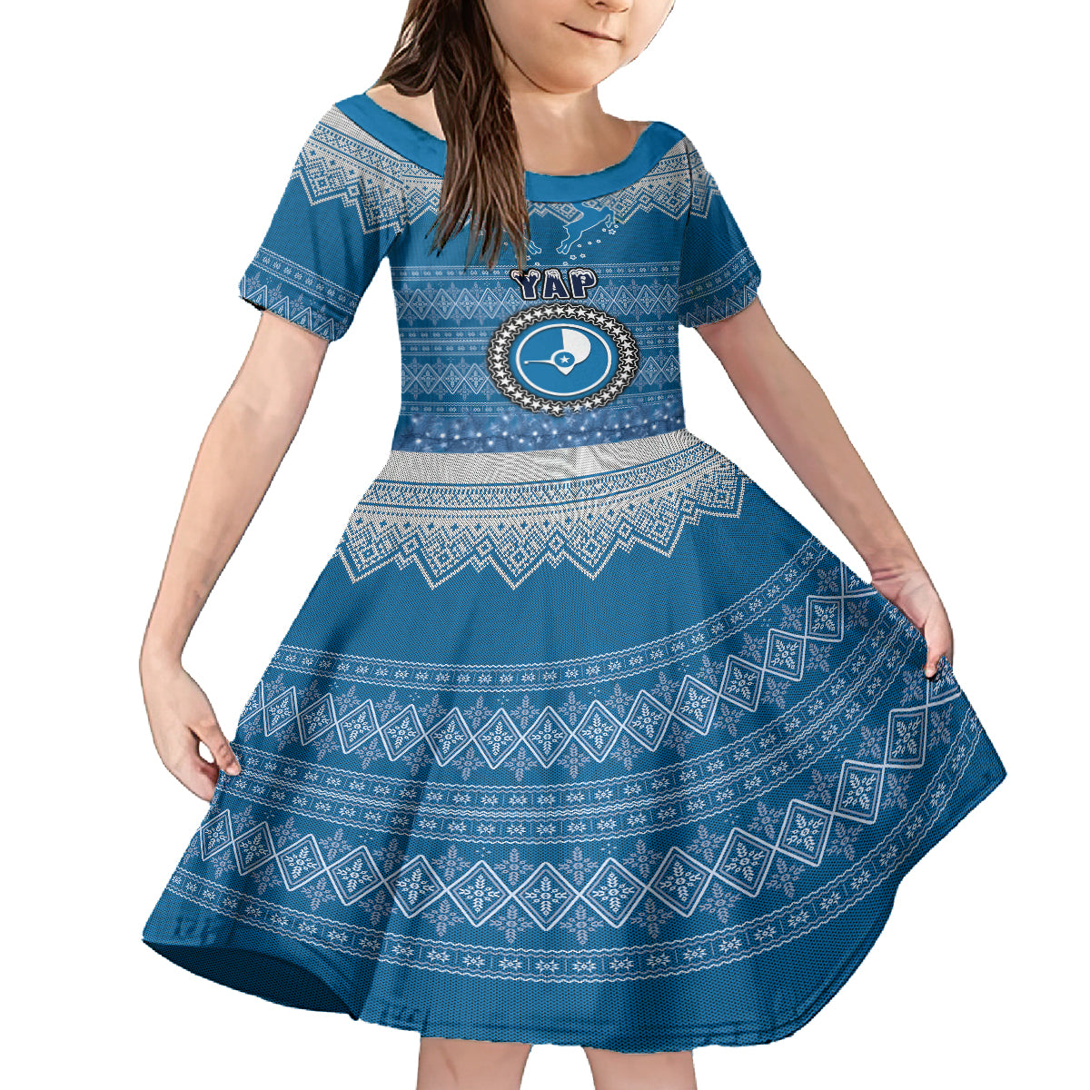 Personalised Yap Christmas Kid Short Sleeve Dress Coat of Arms Beautiful Merry Xmas Snowflake LT03 KID Blue - Polynesian Pride
